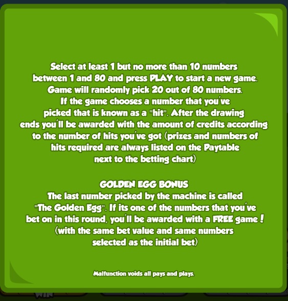 Golden Egg Keno Game rules to play
