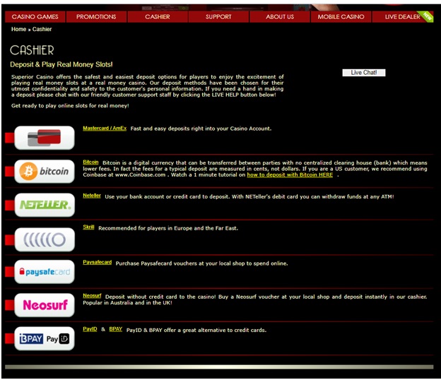 Superior casino banking page